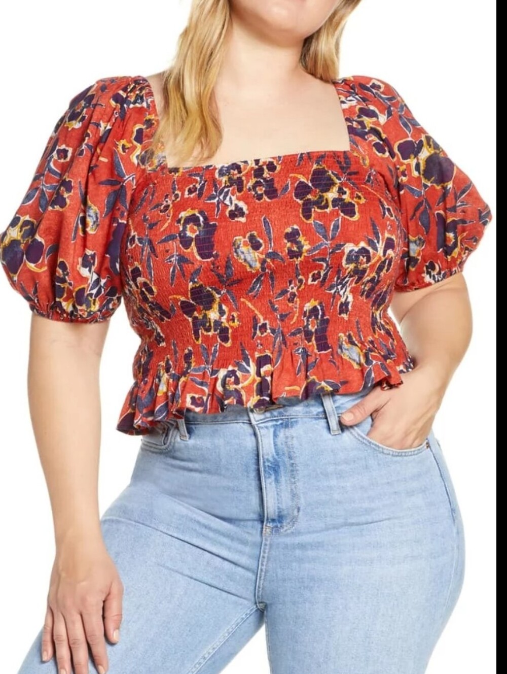 bp Floral Smocked Square-Neck Crop Top